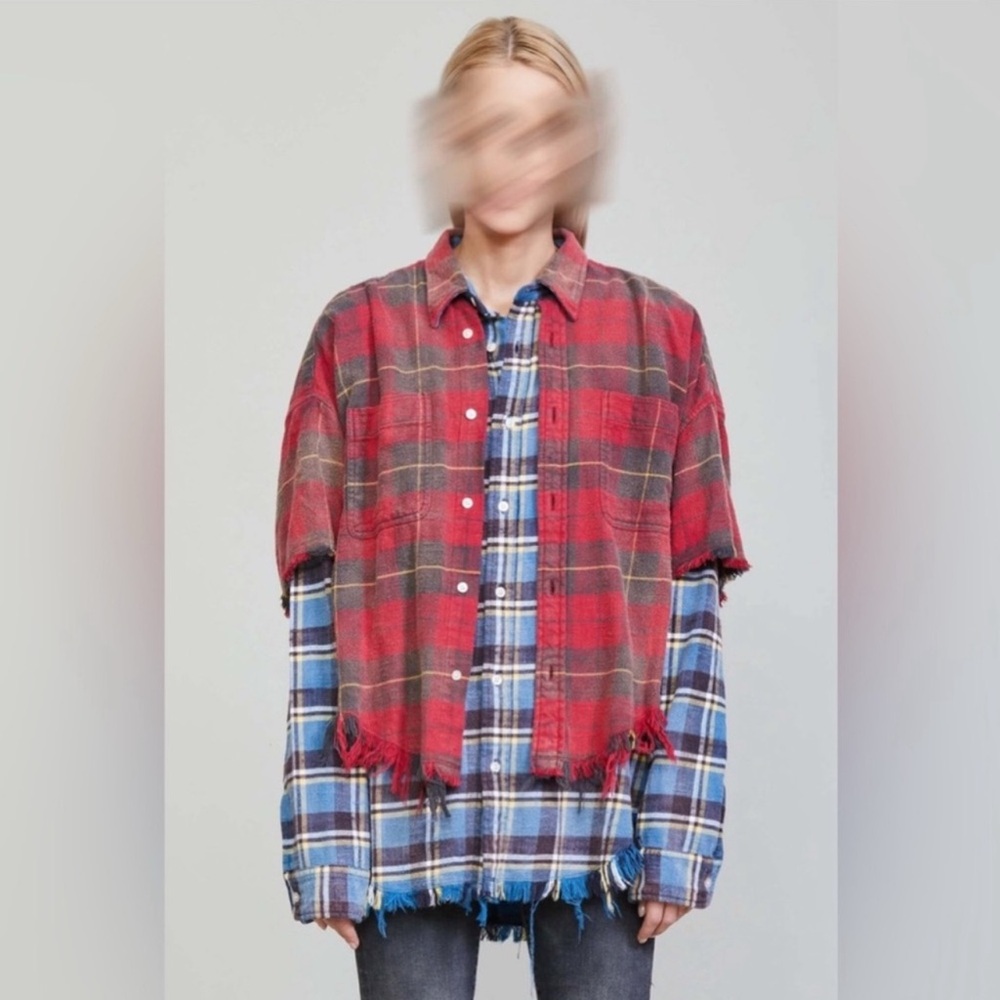 R13 Double Red and Blue Button Down Flannel - Picture 3 of 9